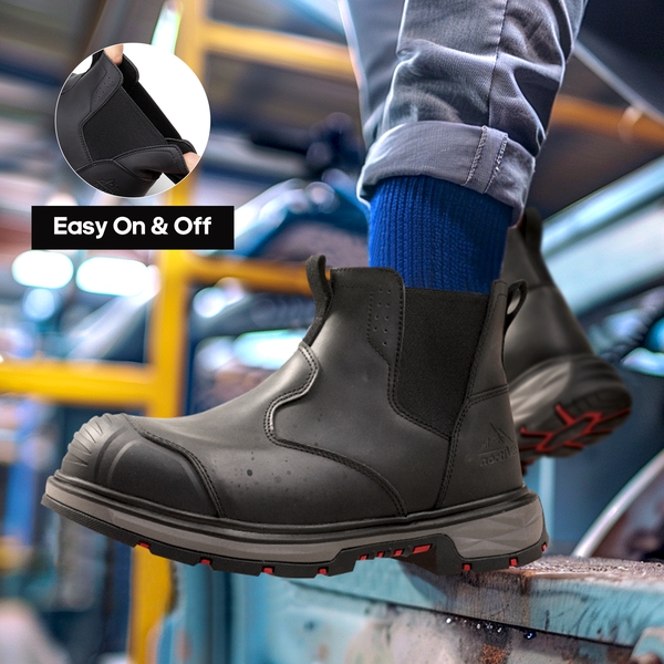 Men's Leather Slip-On Chelsea Work Boots - BLACK - 5